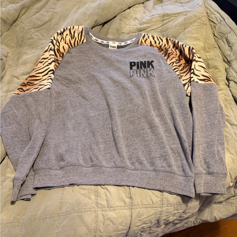 PINK Gray Sweatshirt with Tiger Print Sleeves